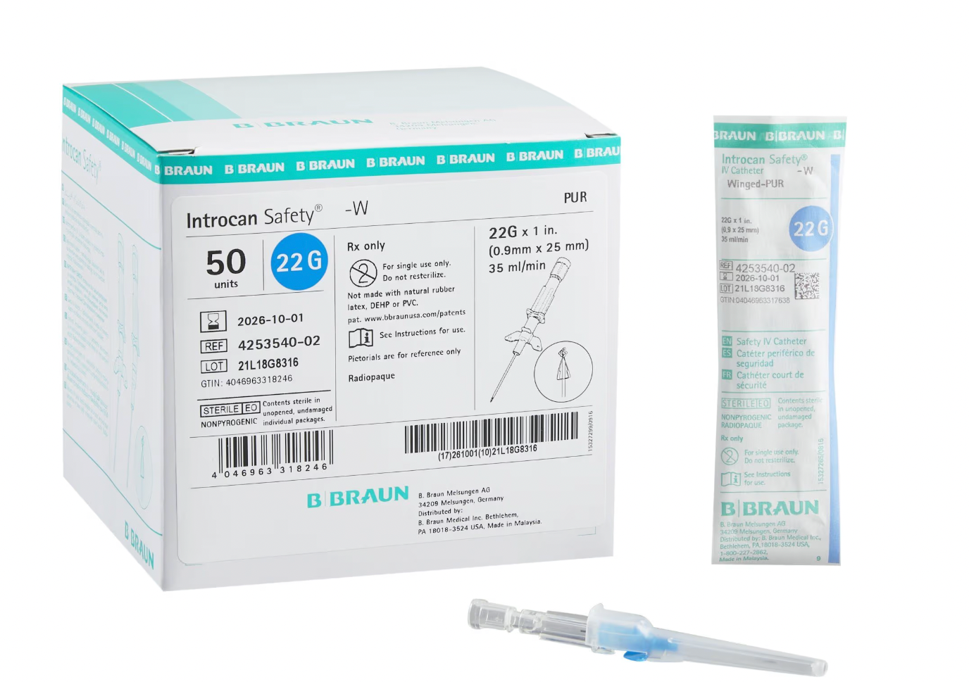 Peripheral IV Catheter Introcan Safety 22 Gauge 1 Inch Polyurethane Straight Hub Non Blood Control Passive Safety